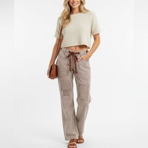 BiBi Womens Casual Drawstring Twill Barrel Striped Brown White Pants SM L XL